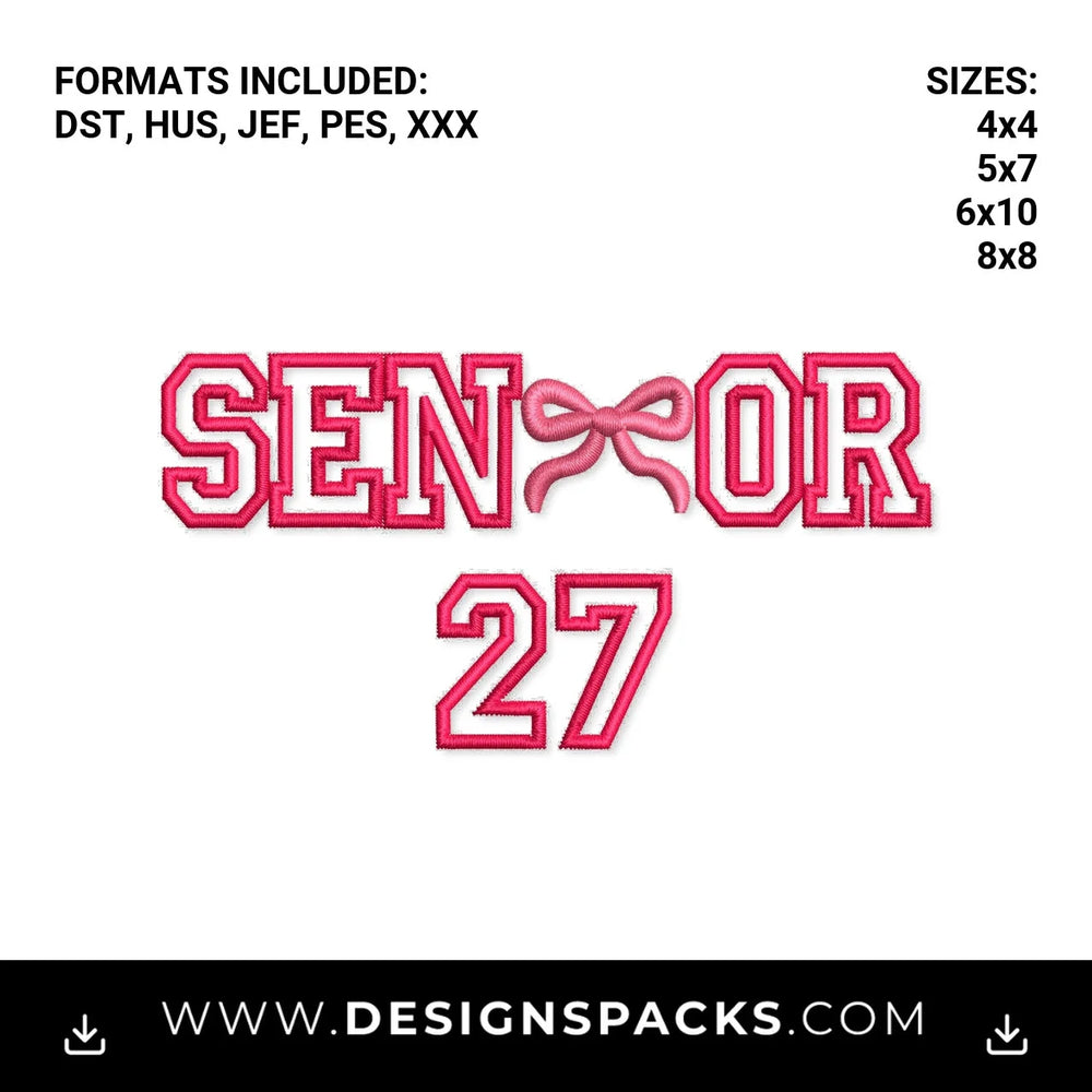 Pink Bow Senior 27 Varsity Letters Embroidery Design - Instant digital download pattern at Designspacks.com