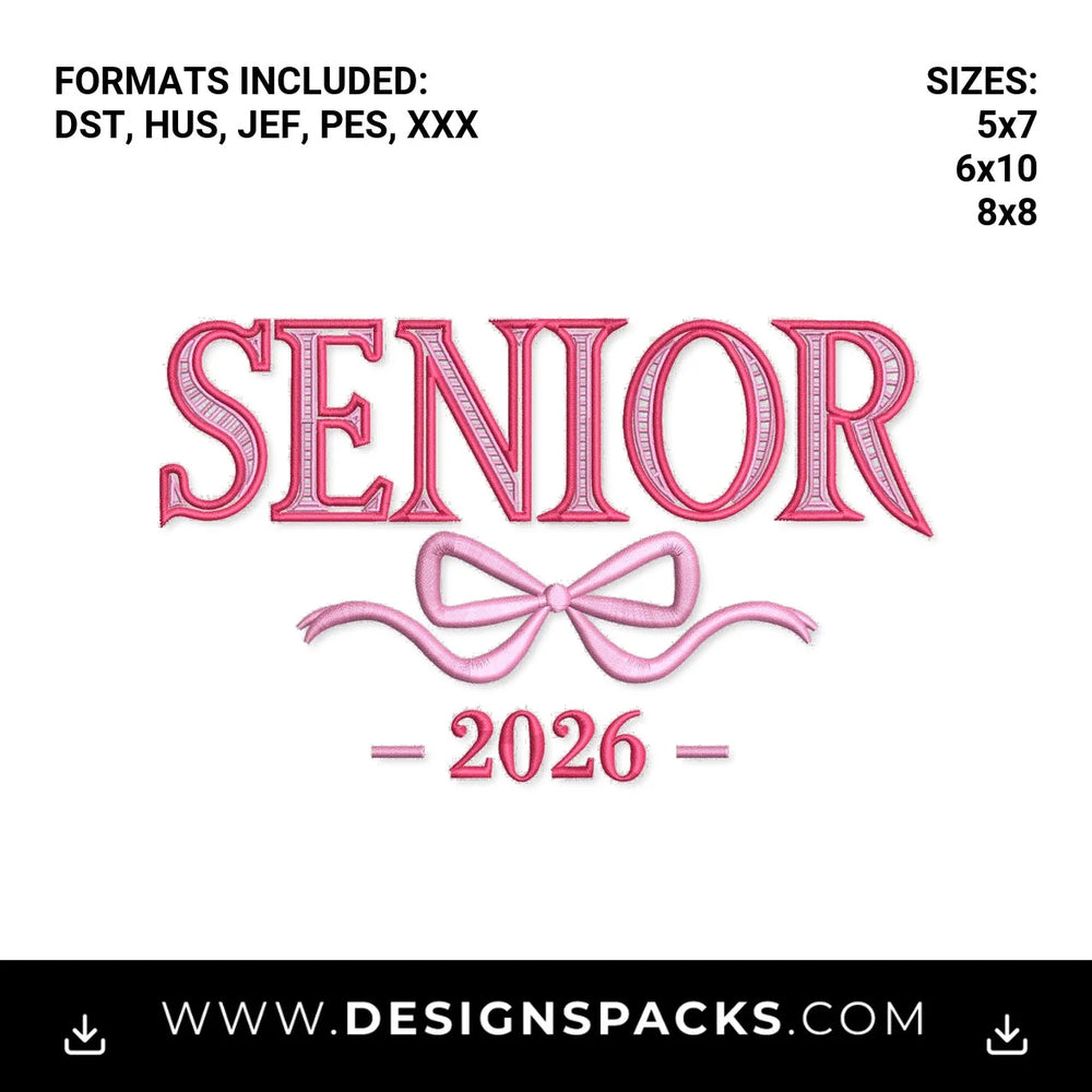 Pink Coquette Senior 2026 Bow Embroidery Design - Instant digital download pattern at Designspacks.com