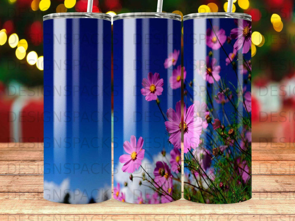 Pink Cosmos Blue Sky Tumbler Digital Wrap Design