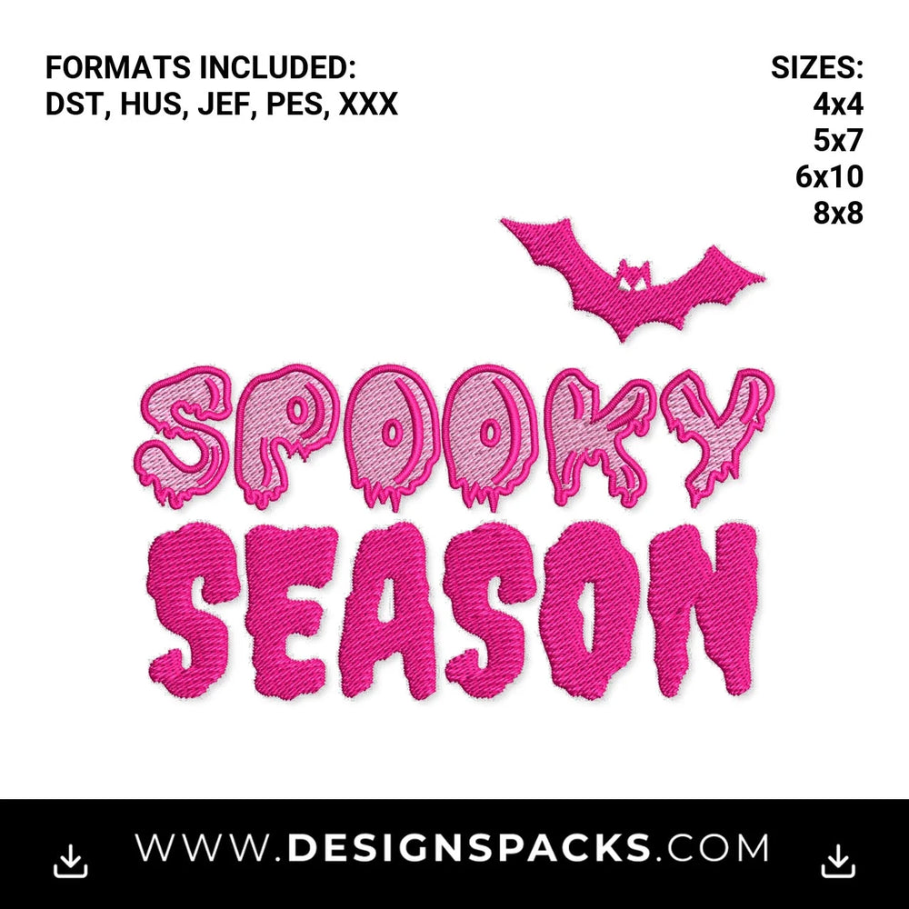 Pink Dripping Spooky Season with Bat Embroidery Design - Instant digital download pattern at Designspacks.com