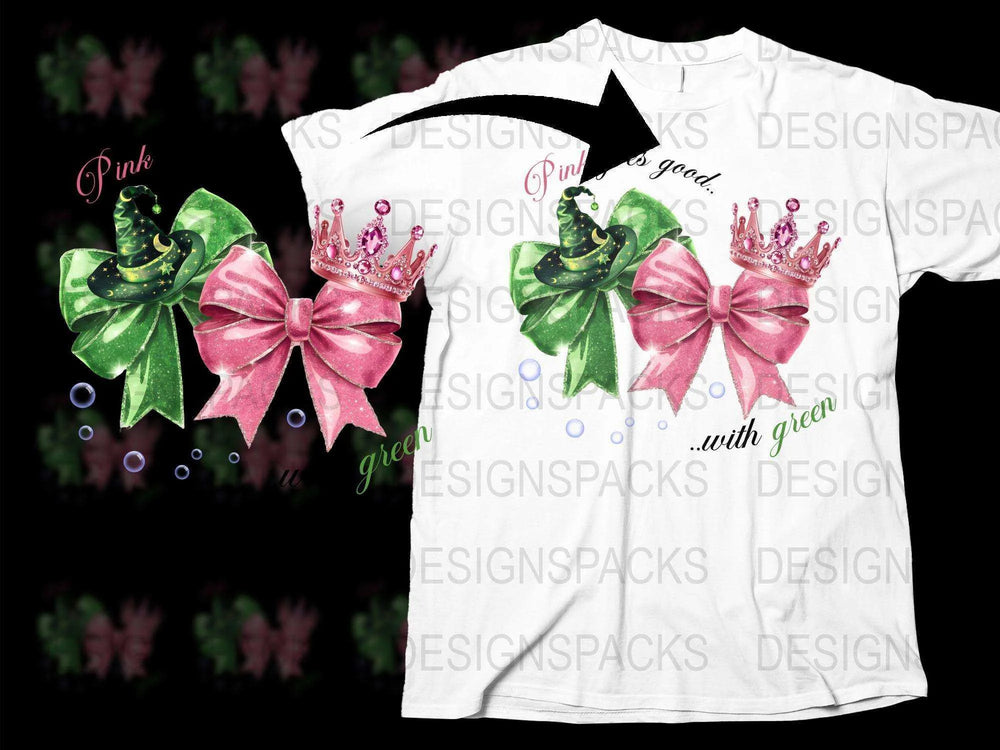 Christmas Bow T-Shirt Festive Pink and Green Ribbon Design Holiday Casual Wear
