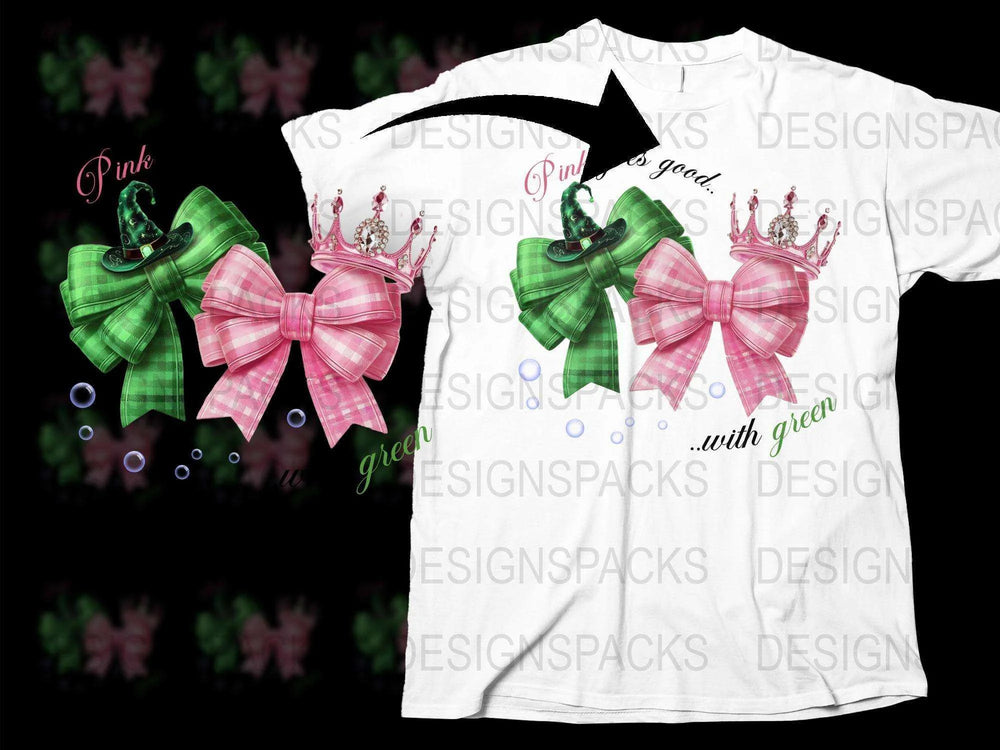 Festive Pink and Green Bow T-Shirt with Crown Design, Holiday Casual Wear, Unique Gift Idea