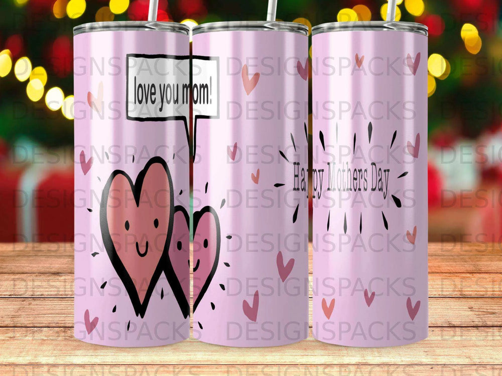 Pink Hearts Love You Mom Happy Mothers Day Tumbler Digital Wrap Design