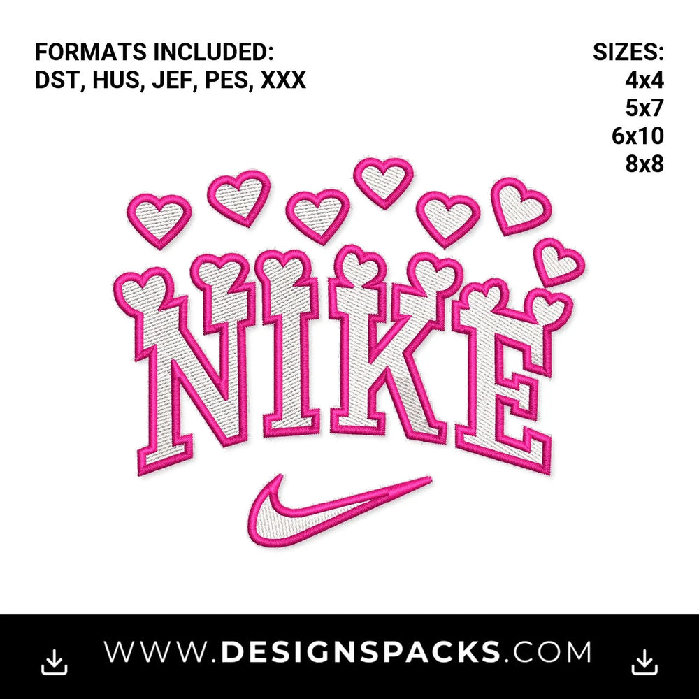 Pink Hearts Valentine Swoosh Embroidery Design - Instant digital download pattern at Designspacks.com