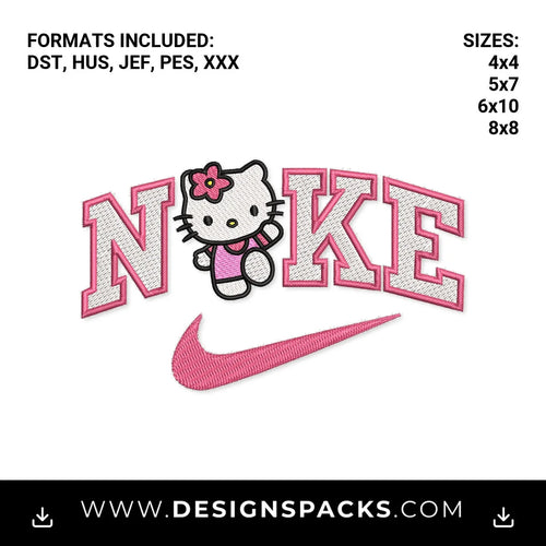 Pink Hello Kitty Swoosh Varsity Logo Embroidery Design - Instant digital download pattern at Designspacks.com