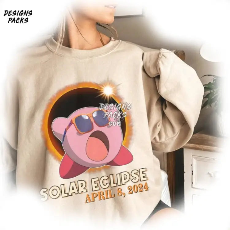 Pink Kirby Solar Eclipse 2024 Cartoon Total Png Design