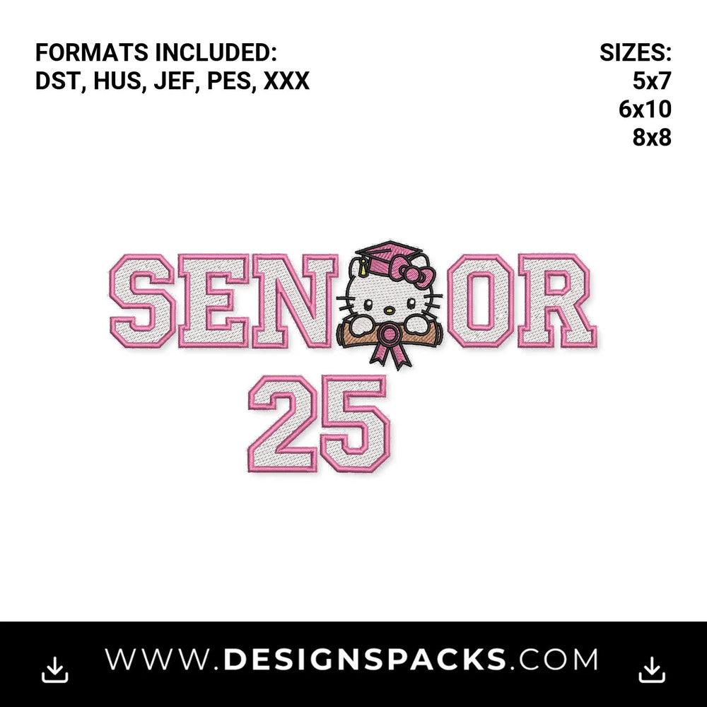 Pink Kitty Senior 2025 Graduate Embroidery Design - Instant digital download pattern at Designspacks.com