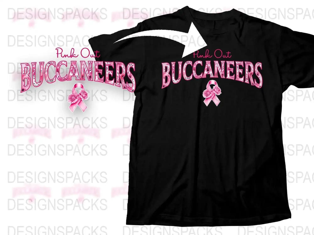 Pink Out Buccaneers Breast Cancer Awareness Black T-Shirt with Ribbon Design