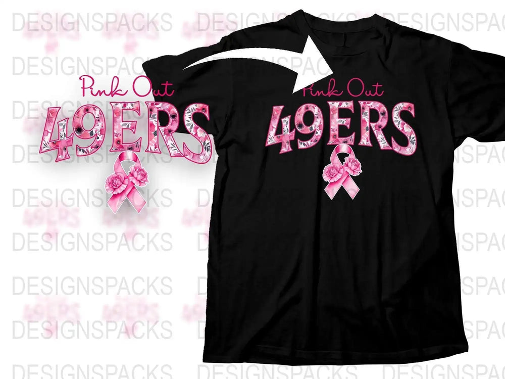 Pink Out 49ers T-Shirt, Breast Cancer Awareness, Black Sports Tee, Ribbon Print, Football Fan Apparel