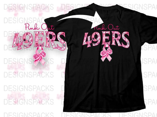 Pink Out 49ers T-Shirt, Breast Cancer Awareness, Black Sports Tee, Ribbon Print, Football Fan Apparel