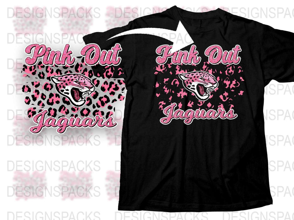 Pink Out Jaguars T-Shirt, Black Cotton Tee, Athletic Team Support, Heart Pattern, Sports Event Apparel
