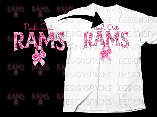 Pink Out Rams T-Shirt, Breast Cancer Awareness Ribbon, Sports Support Tee, White Graphic Shirt for Events