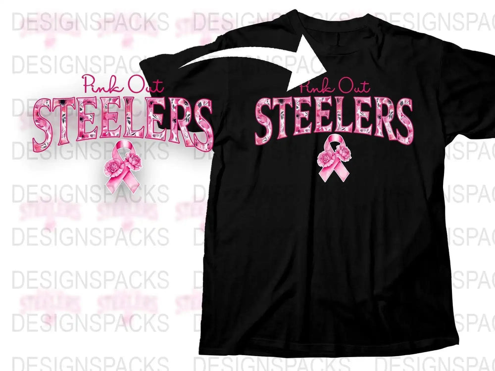 Pink Out Steelers T-Shirt with Breast Cancer Awareness Ribbon, Black Cotton Tee, Sports Fan Apparel