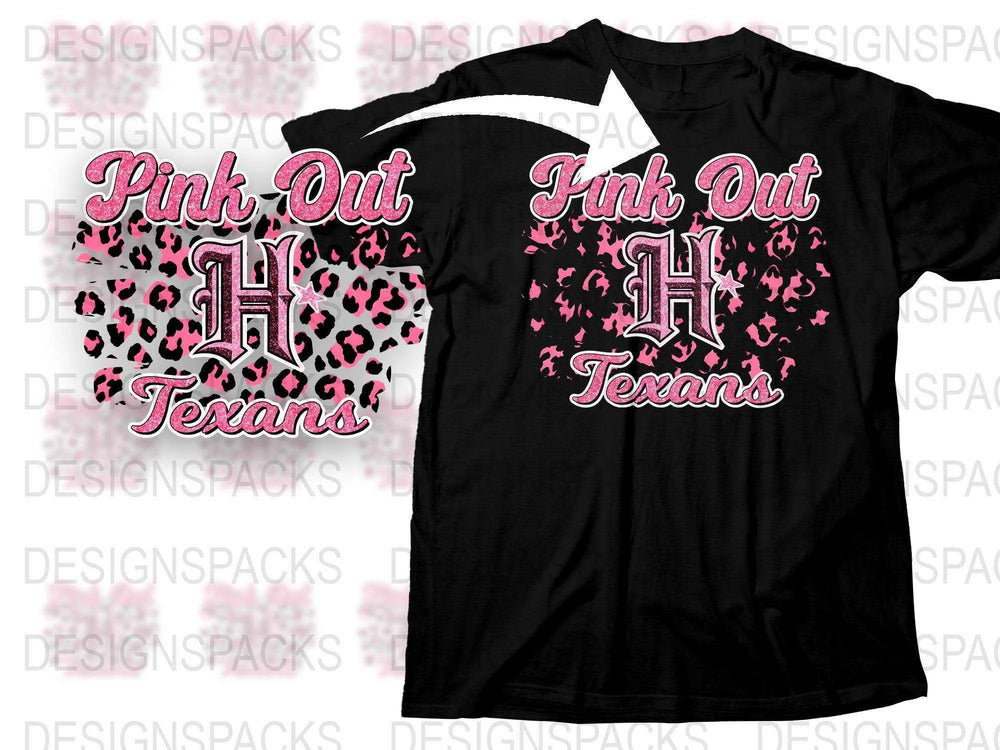 Pink Out Texans T-Shirt, Black Cotton Tee with Pink Leopard Print, Casual Sporty Game Day Apparel