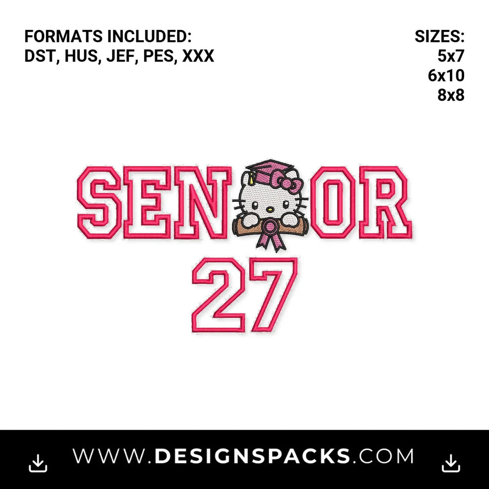 Pink Senior 27 Cute Kitty Graduation Embroidery Design - Instant digital download pattern at Designspacks.com