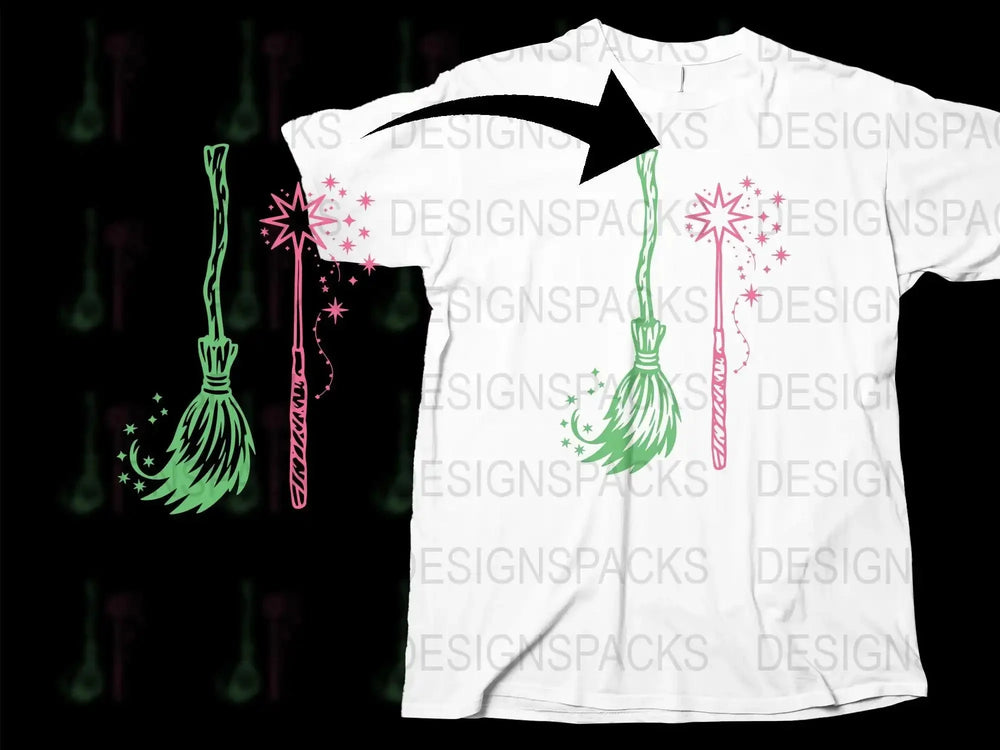 Magical Witch Broom and Sparkles T-Shirt, Unique Halloween Graphic Tee, Unisex Adult Clothing, Fantasy Shirt