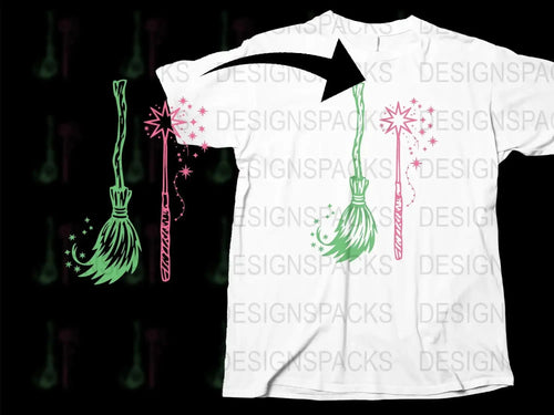 Magical Witch Broom and Sparkles T-Shirt, Unique Halloween Graphic Tee, Unisex Adult Clothing, Fantasy Shirt