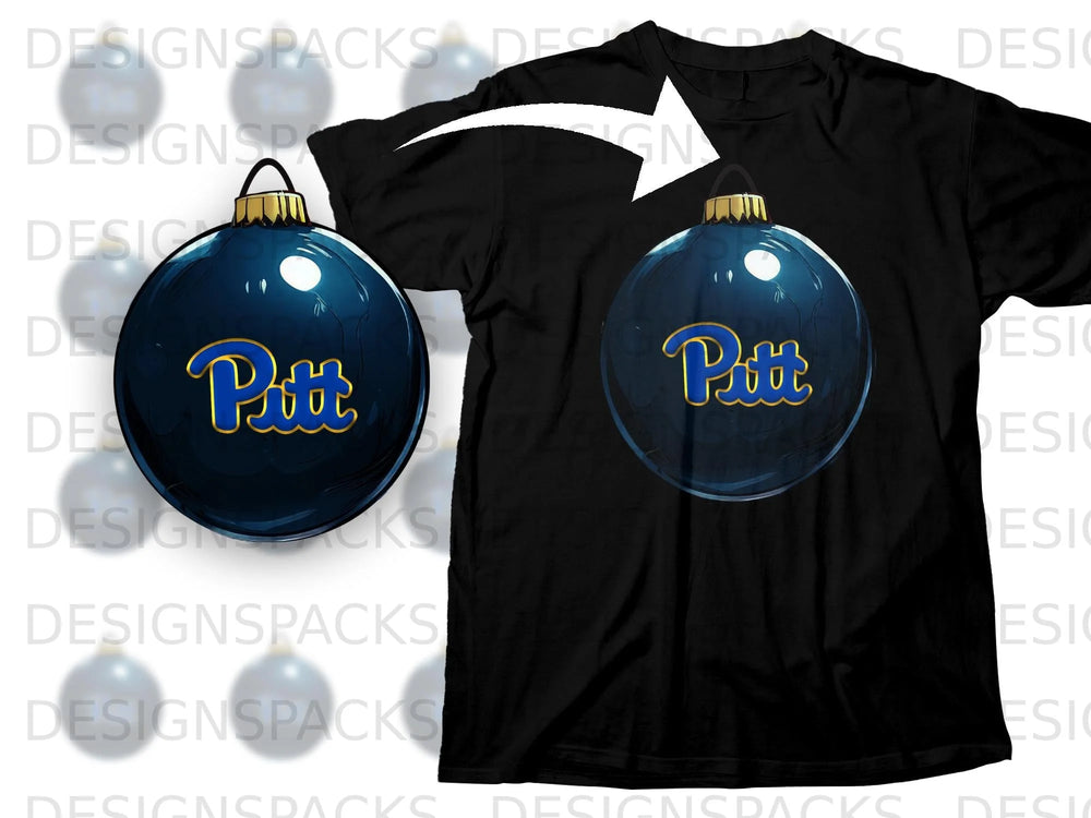 Black t-shirt with a blue Pitt Christmas ornament on the chest.
