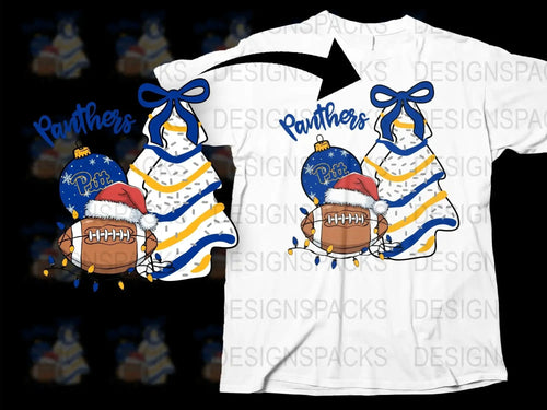 Panthers Football T-Shirt, Winter Theme with Blue Santa Hat, Snowflakes, Festive Holiday Gift for Sports Fans.