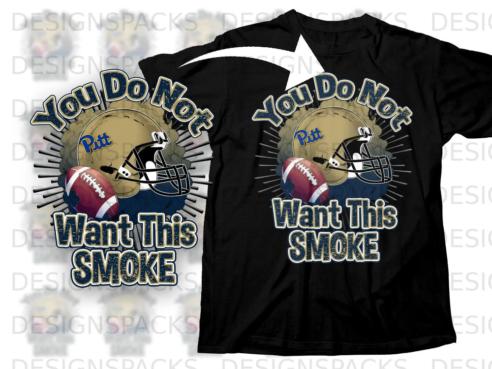 Black t-shirt graphic with football helmet, ball, and "You Do Not Want This Smoke" text.