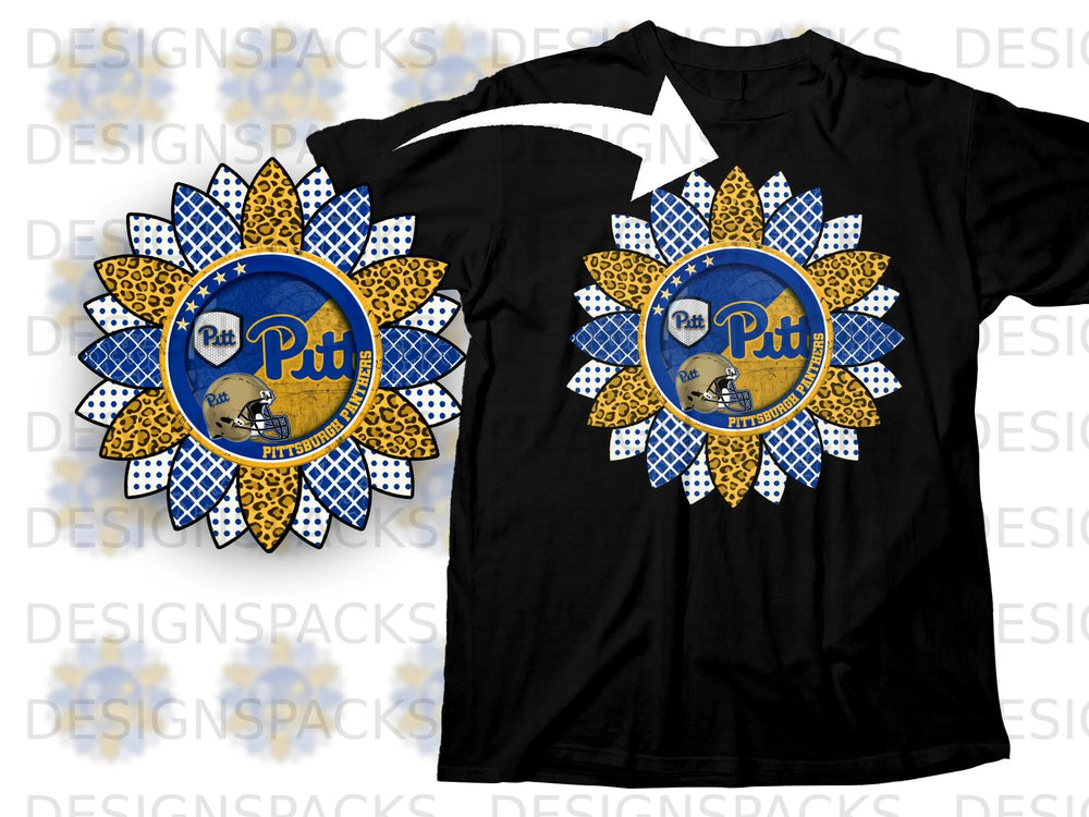 Sunflower design with Pittsburgh Panthers logo and football helmet on black t-shirt.