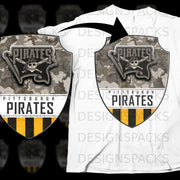 Pittsburgh Pirates logo with camouflage background and yellow and black stripes on a white t-shirt.