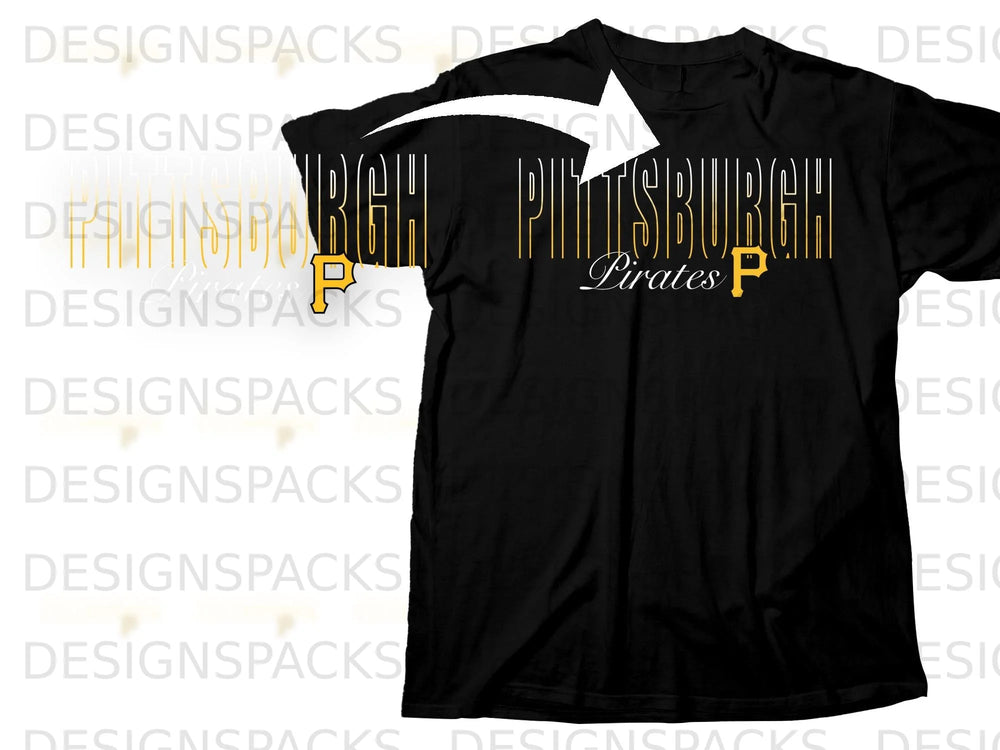 Black t-shirt with "PITTSBURGH Pirates" in gold and white lettering.