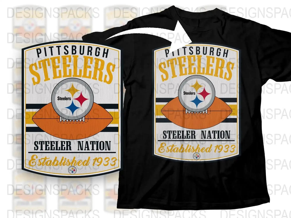 Pittsburgh Steelers T-Shirt, Steeler Nation Graphic Tee, Established 1933, Black and Orange, Sports Fan Apparel