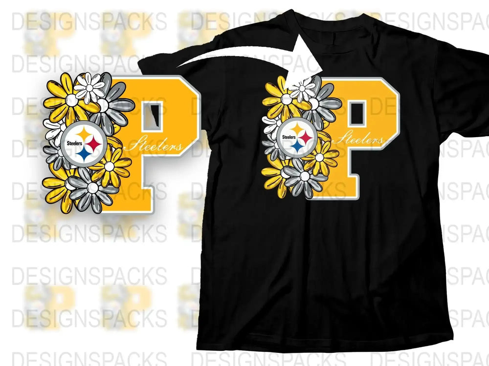Pittsburgh Football Themed Floral T-Shirt, Daisy Sunflower Sports Fan Apparel, Black and Yellow Jersey Style Tee