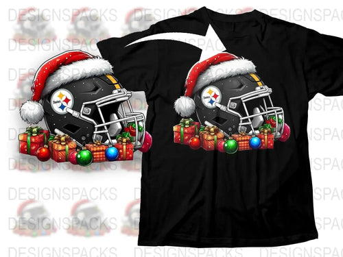 Holiday Football T-Shirt, Festive Sports Tee with Helmet and Ornaments, Christmas Gift for Fans