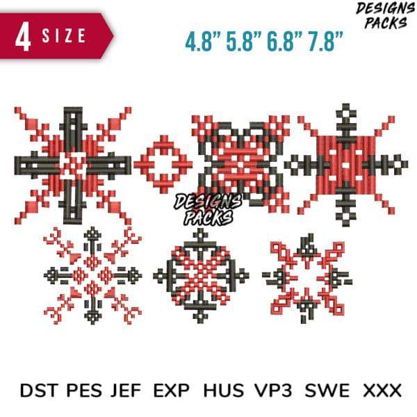 Red and black pixelated embroidery designs in 4 sizes, compatible with DST PES JEF formats for instant download.