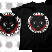 Black t-shirt with a round graphic of a black cat and "Pixies Making Good Friends With You".