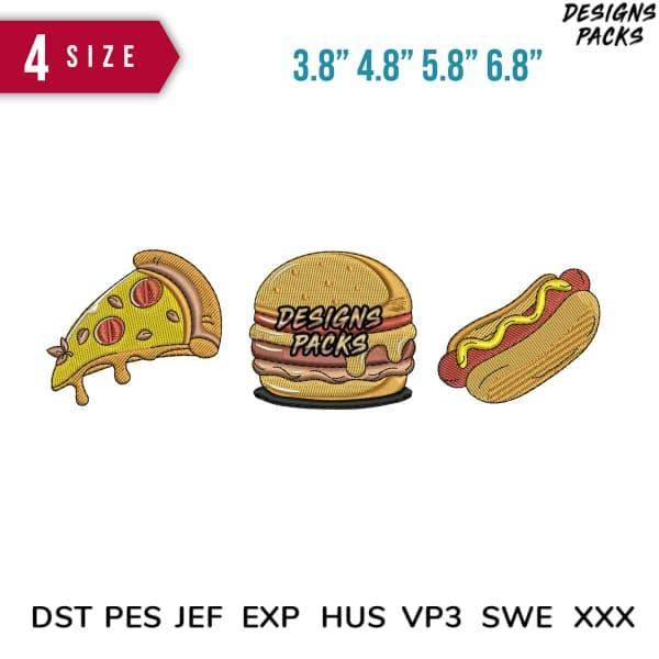 Embroidery designs of pizza, burger, and hot dog in 4 sizes, DST PES JEF formats for instant download