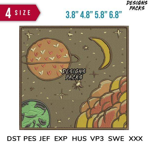 Space-themed embroidery design with planets, moon, stars; available in DST, PES, JEF formats for instant download
