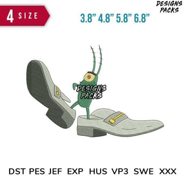 Embroidery design of green bug stepping on shoe, available in 4 sizes & formats like PES, DST, EXP for instant download