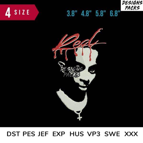 Red dripping text embroidery design with face, 4 sizes, DST PES JEF formats for DTG/DTF printing