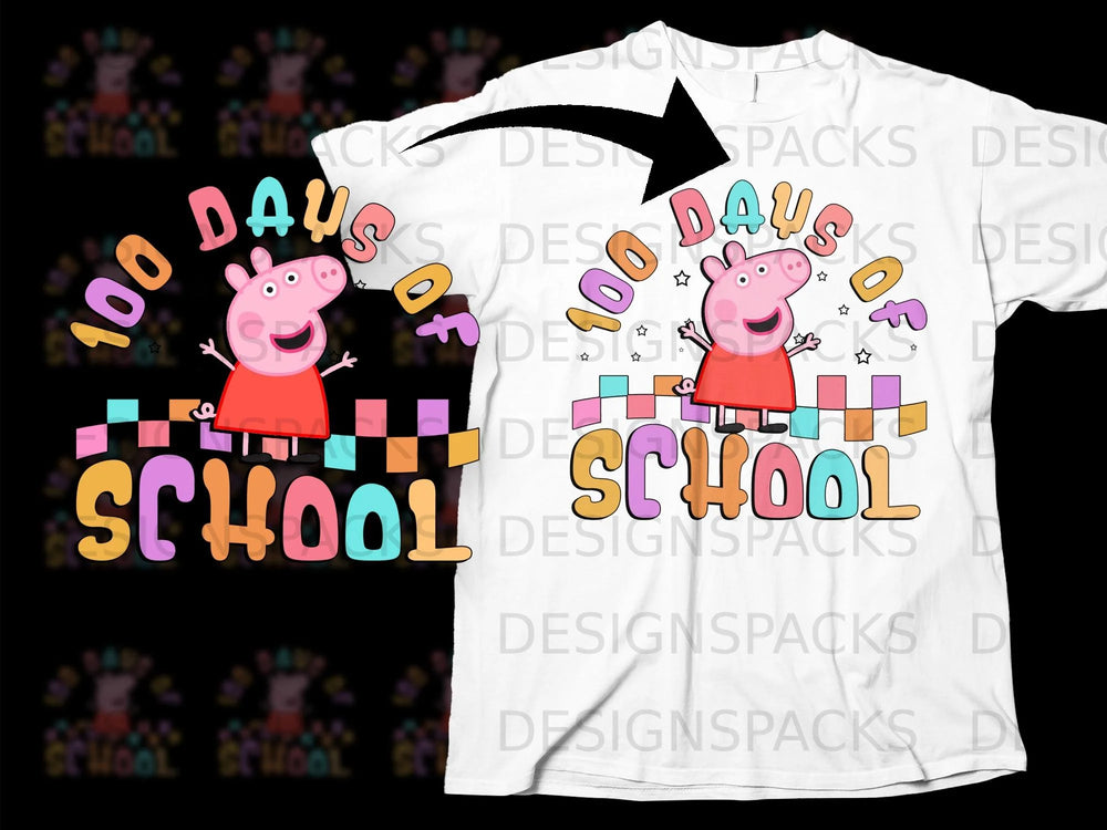 Peppa Pig celebrates 100 Days of School with colorful letters and checkered blocks.