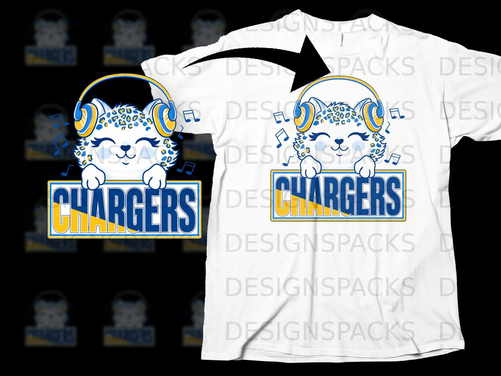 Cute cartoon leopard with headphones and music notes holds a "Chargers" sign.