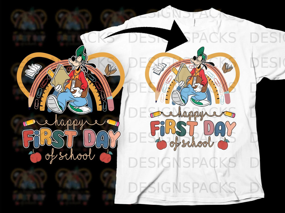 Goofy with books under a rainbow, "Happy First Day of School" text.