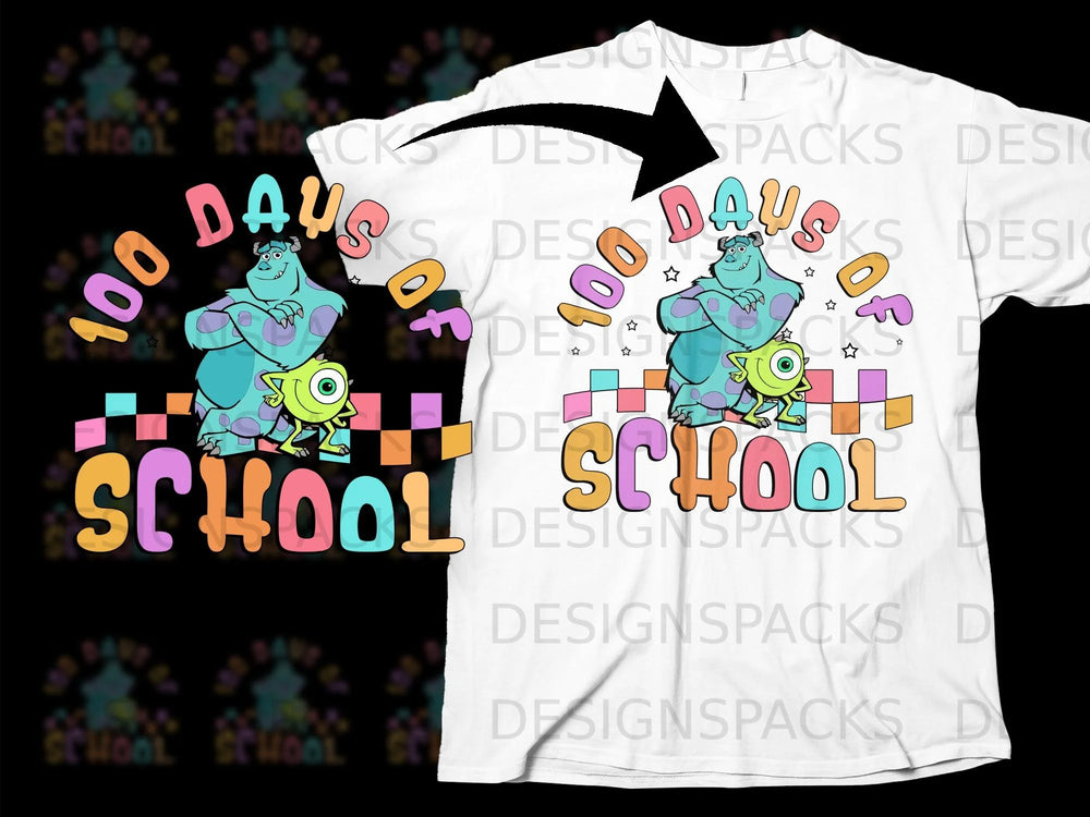 Sulley and Mike from Monsters, Inc. celebrate "100 Days of School" on a shirt.