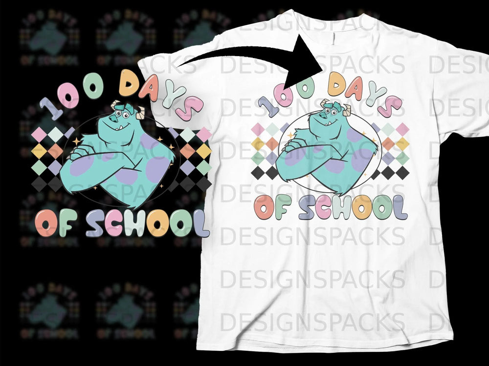 Sulley from Monsters Inc celebrates 100 Days of School with colorful text and background.