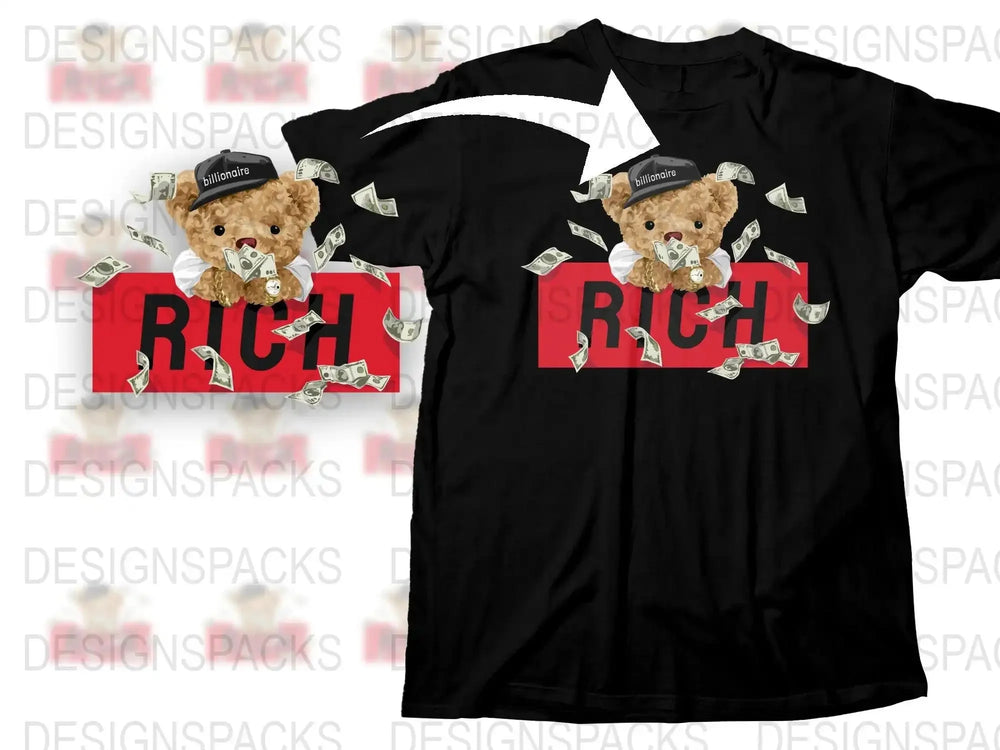 Playful Teddy Bear Design with Falling Money Png Digital Download