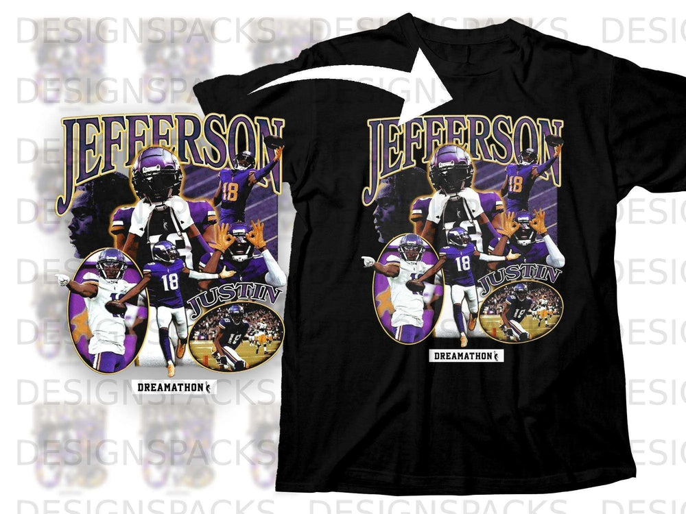 Justin Jefferson graphic on a black t-shirt with "Dreamathon" text.