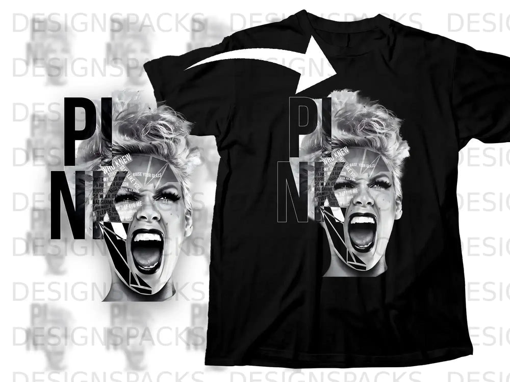 Pink's face overlaid with song titles, on a black t-shirt.