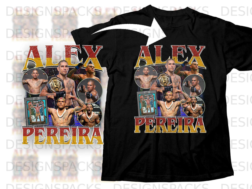 Alex Pereira UFC graphic t-shirt with championship belts and fighter images.