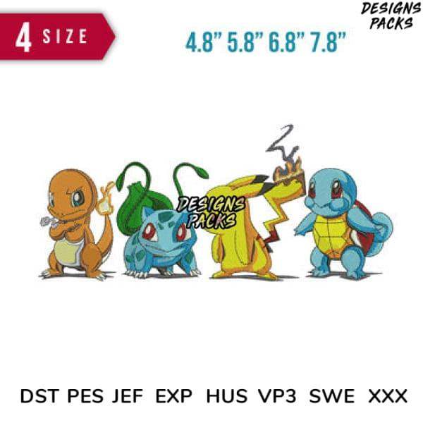 Pokemon Charmander, Bulbasaur, Pikachu, Squirtle embroidery designs in 4 sizes, DST PES JEF formats