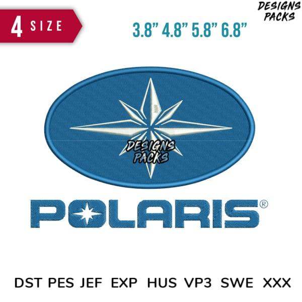 Polaris embroidery design in 4 sizes, print-ready DST PES JEF formats for apparel and gear