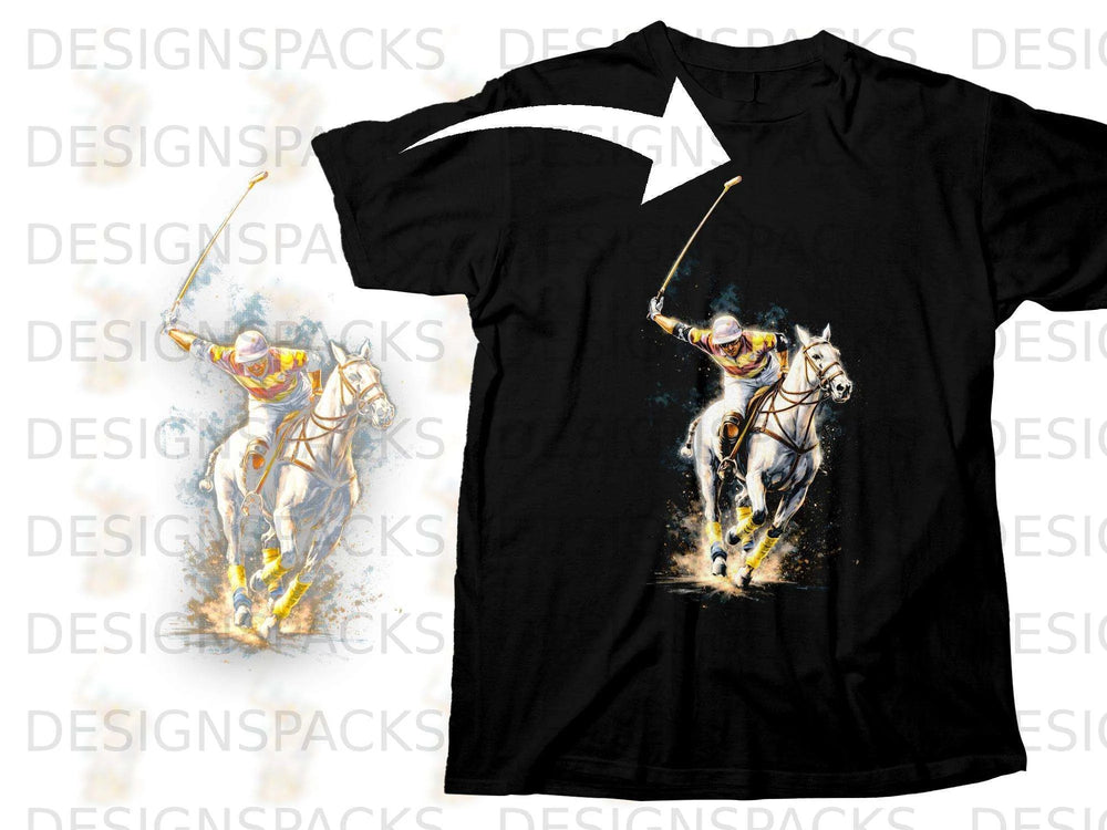 Black t-shirt with dynamic polo player and horse graphic on chest.