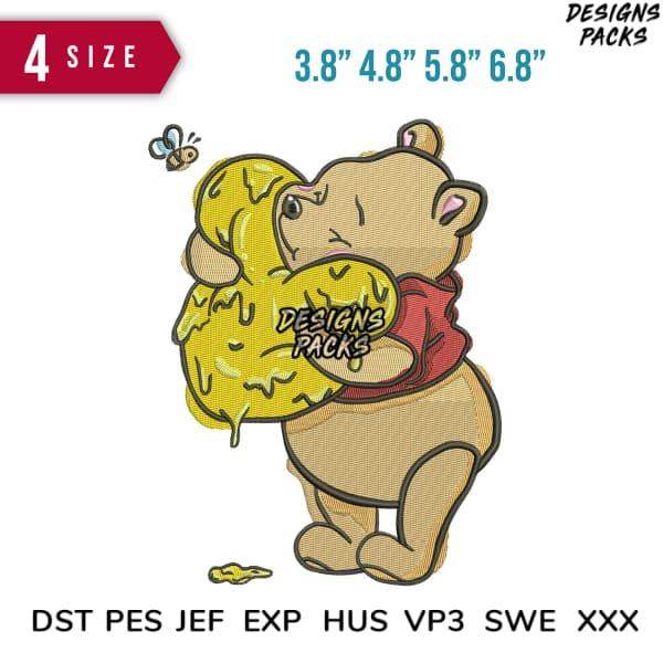 Winnie the Pooh embroidery design with honey pot, available in 4 sizes and multiple file formats