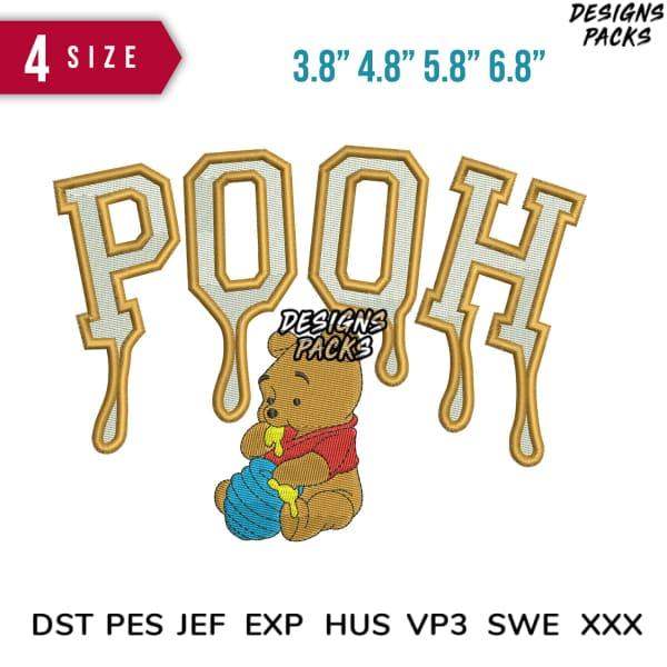 Pooh bear embroidery design with dripping text, available in multiple sizes and formats